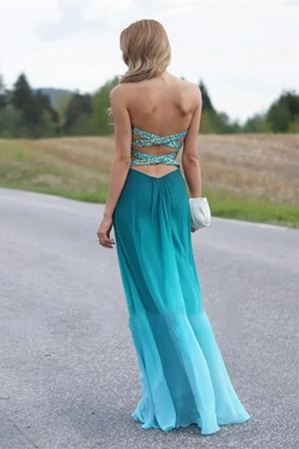 Real Beauty Peacock Green Gradient Ombre Chiffon Prom Dresses PFP1259