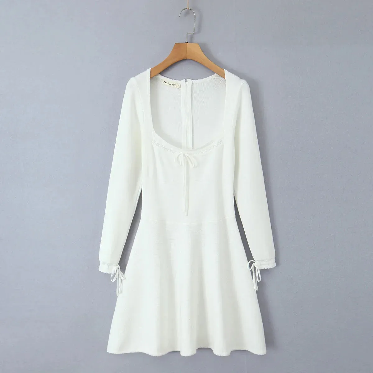 Ribbed Square Neck Long Graceful Sleeve Ribbion Mini Dress