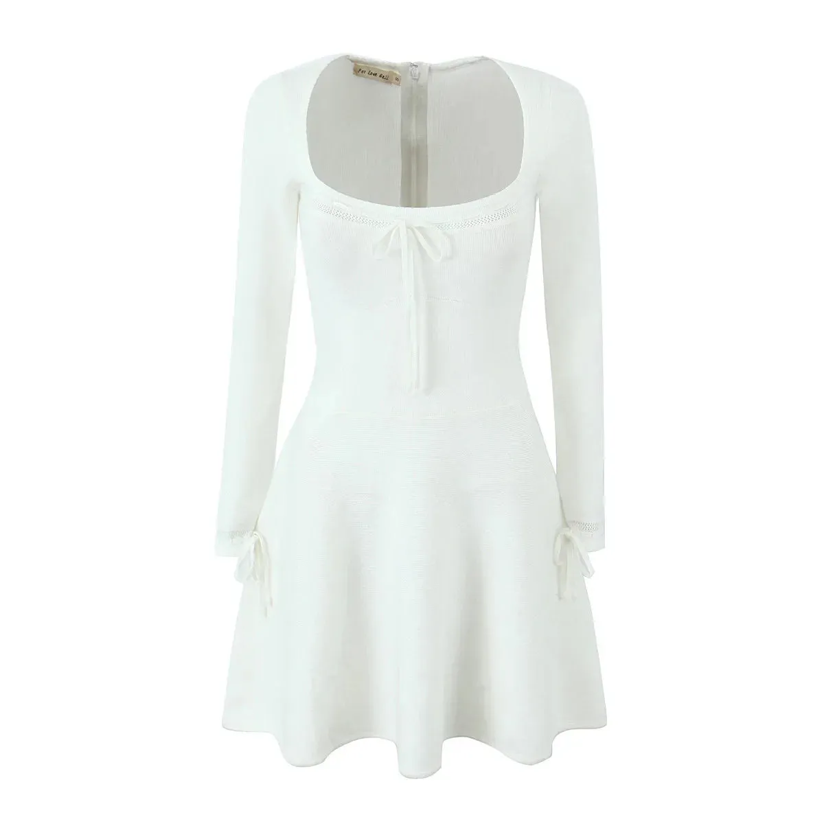 Ribbed Square Neck Long Graceful Sleeve Ribbion Mini Dress