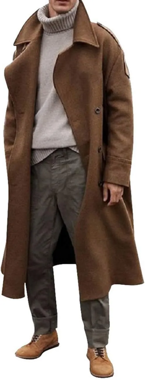 RINTONIX Men's Oversized Notched Long Faux Wool Blend Trench Coat Single Breasted Knee Length Lapel Winter Jacket