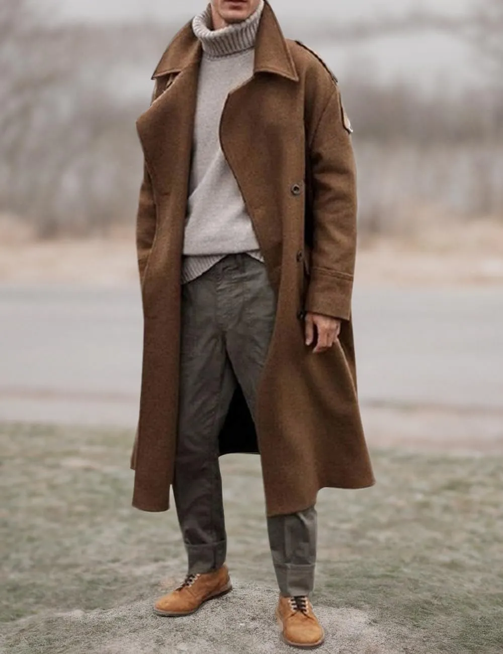 RINTONIX Men's Oversized Notched Long Faux Wool Blend Trench Coat Single Breasted Knee Length Lapel Winter Jacket