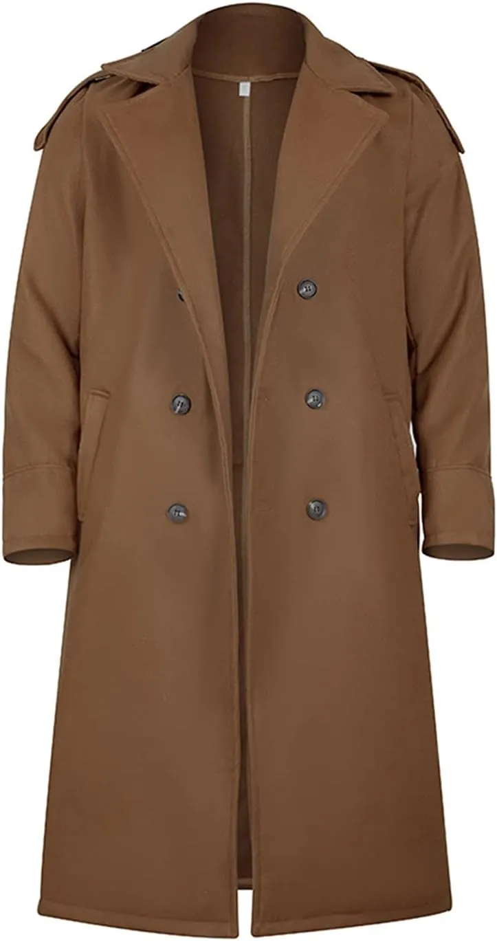 RINTONIX Men's Oversized Notched Long Faux Wool Blend Trench Coat Single Breasted Knee Length Lapel Winter Jacket