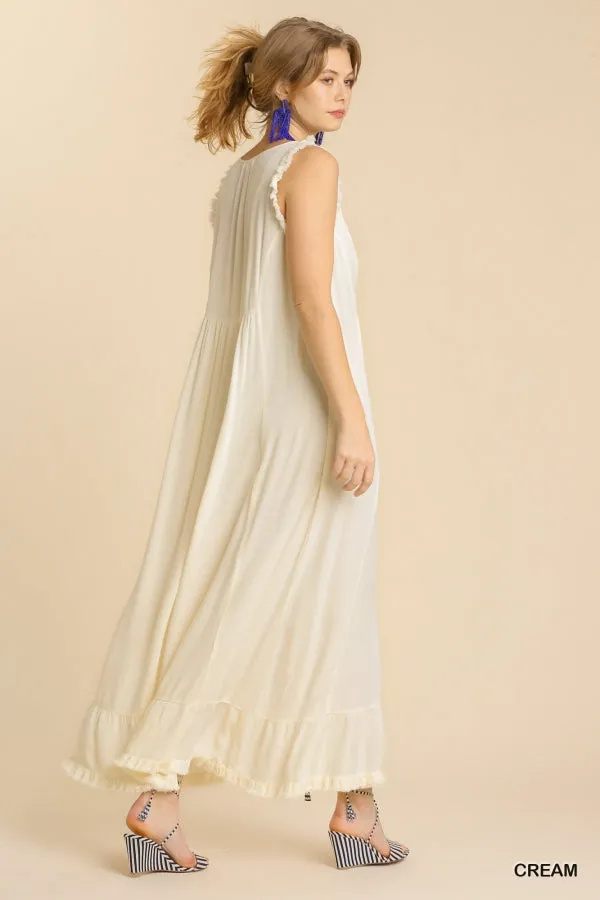 Ruffle Fringed Hem Detail V-Neck Sleeveless Maxi Dress