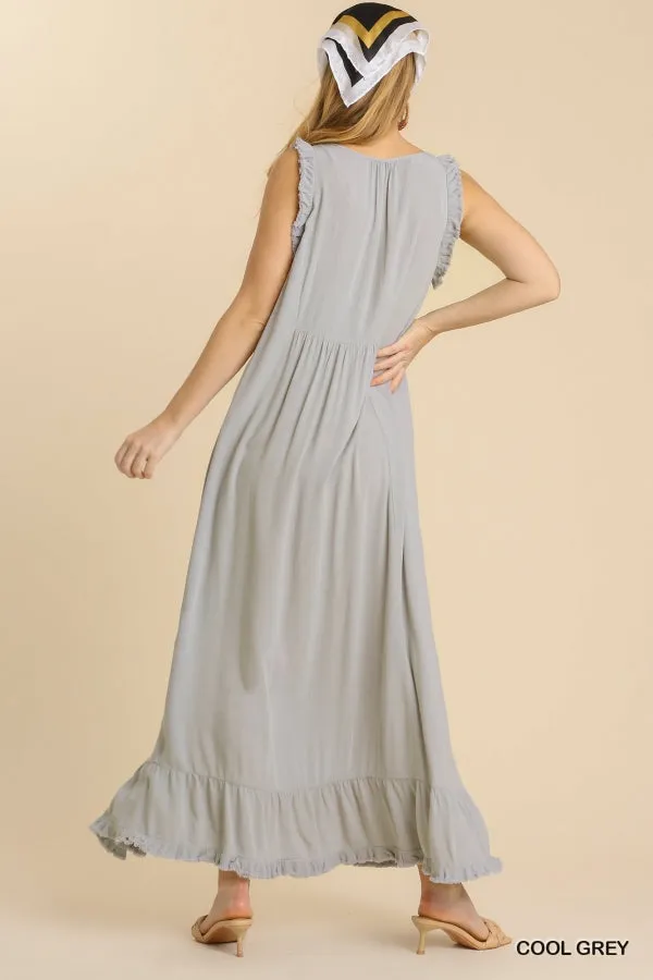 Ruffle Fringed Hem Detail V-Neck Sleeveless Maxi Dress