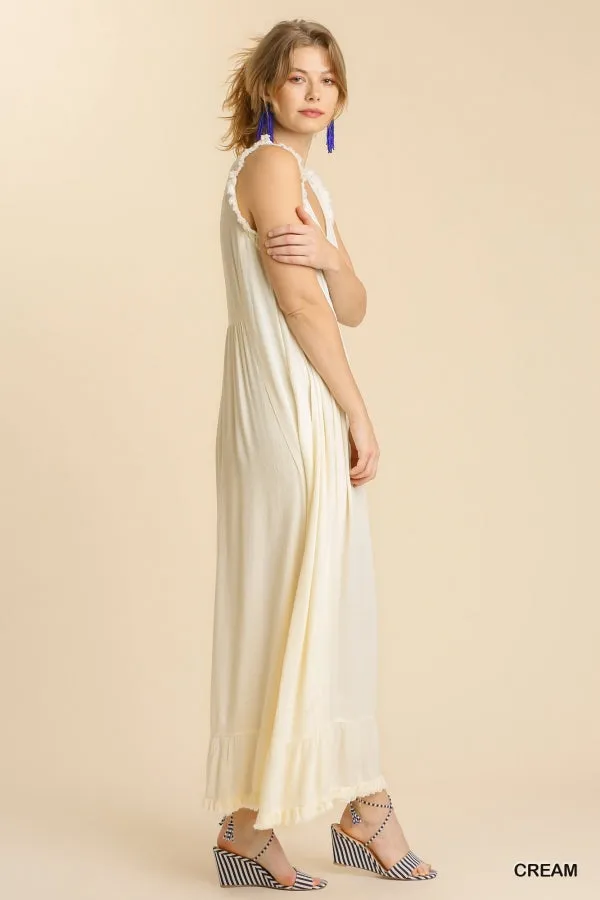 Ruffle Fringed Hem Detail V-Neck Sleeveless Maxi Dress