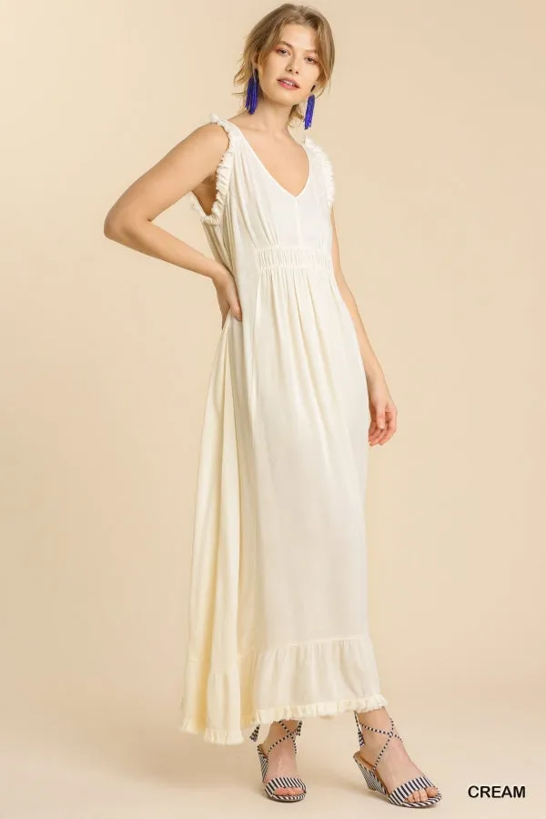 Ruffle Fringed Hem Detail V-Neck Sleeveless Maxi Dress