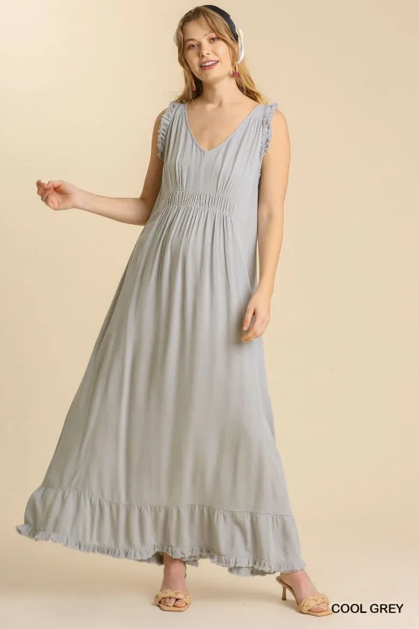 Ruffle Fringed Hem Detail V-Neck Sleeveless Maxi Dress