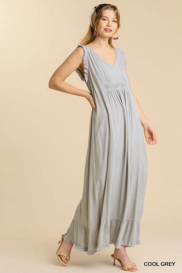 Ruffle Fringed Hem Detail V-Neck Sleeveless Maxi Dress
