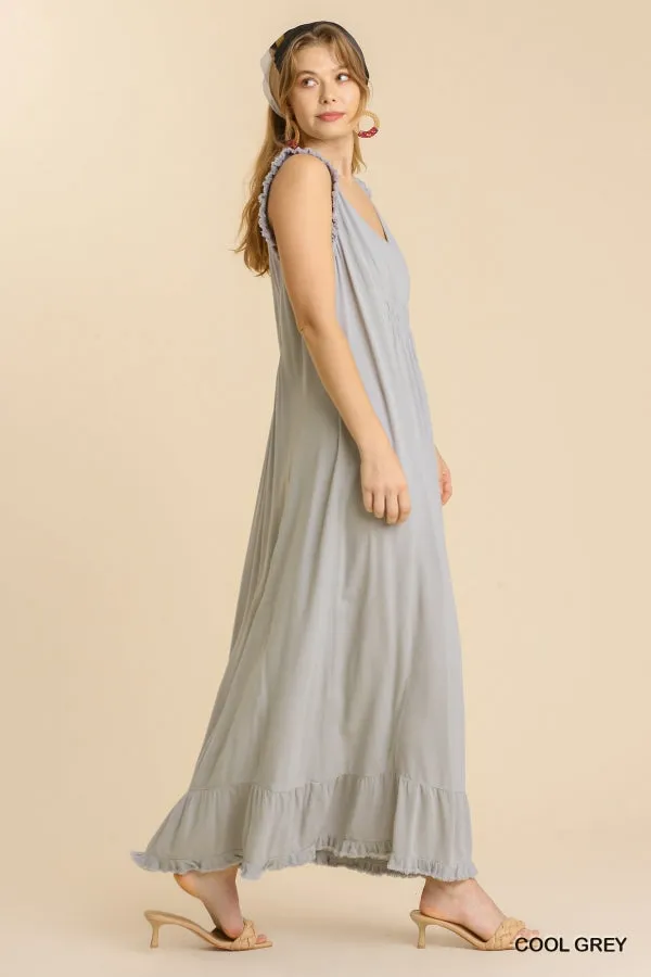 Ruffle Fringed Hem Detail V-Neck Sleeveless Maxi Dress