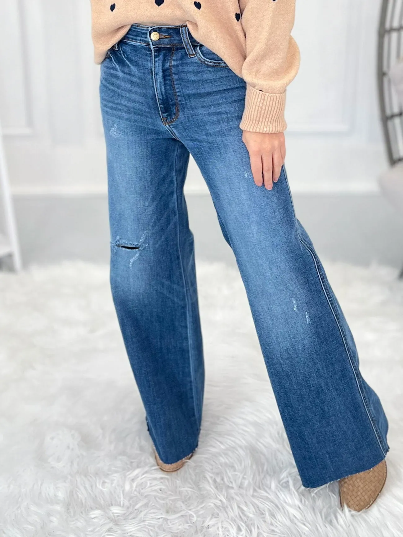 Rumor Has It - Judy Blue Retro Wide Leg Cuffed Jeans