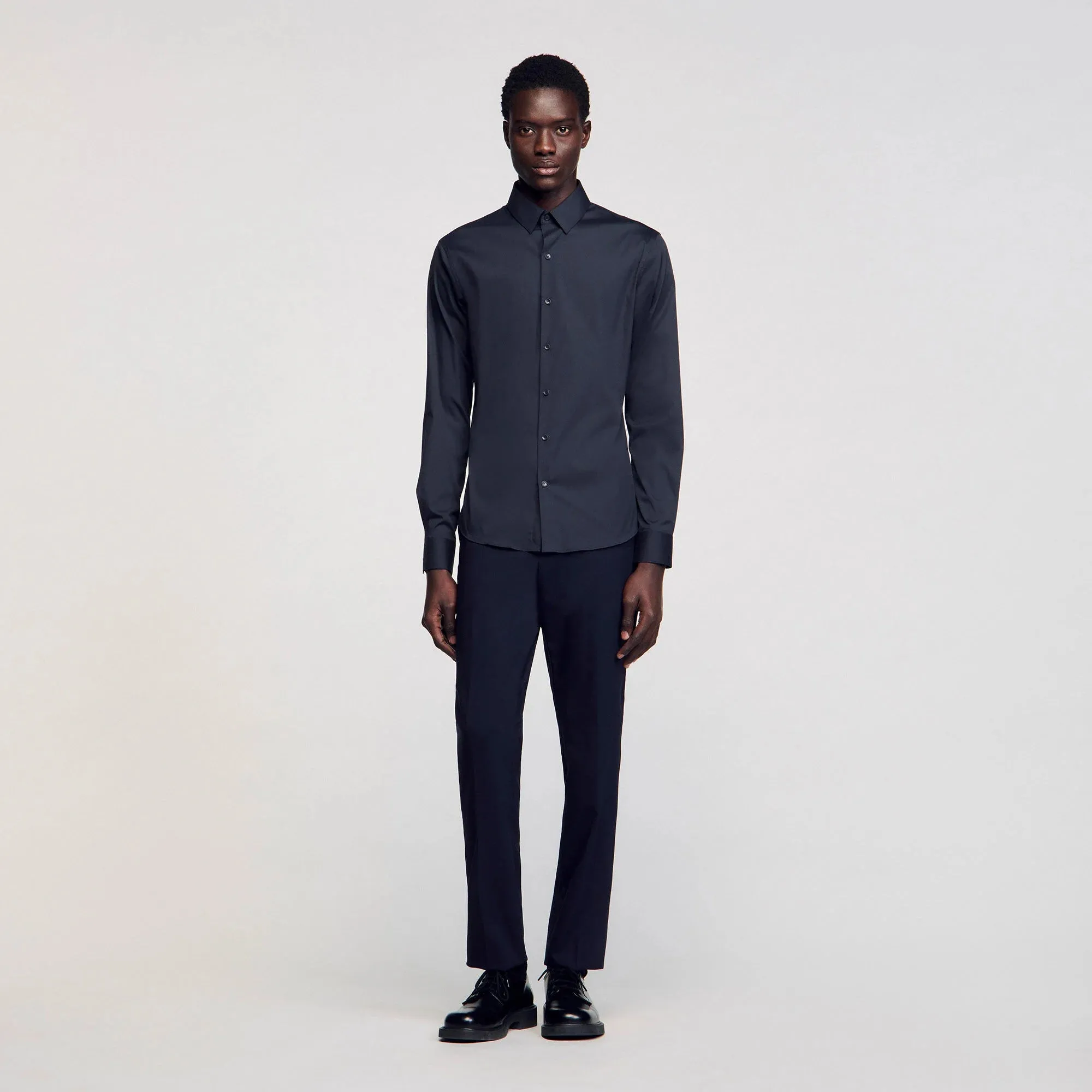 Seamless Stretch Fitted Stretch Cotton Shirt - Navy Blue