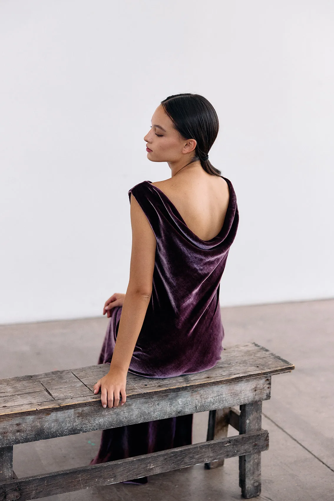 Silk Velvet Draped Neck Dress - Vino