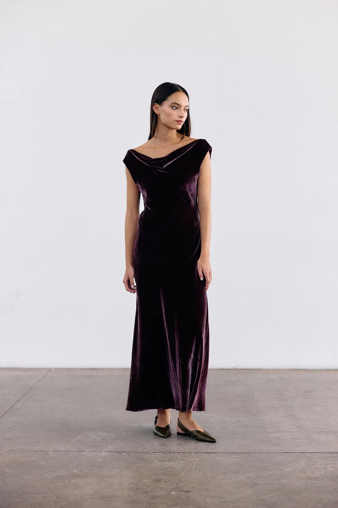 Silk Velvet Draped Neck Dress - Vino
