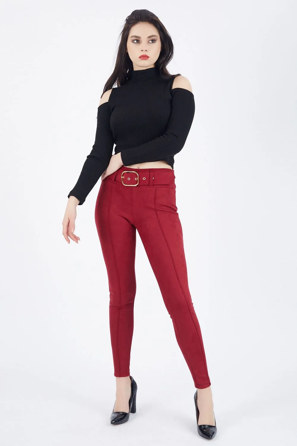 SNS Burgundy Slim Fit Suede Pants - Noordwijk
