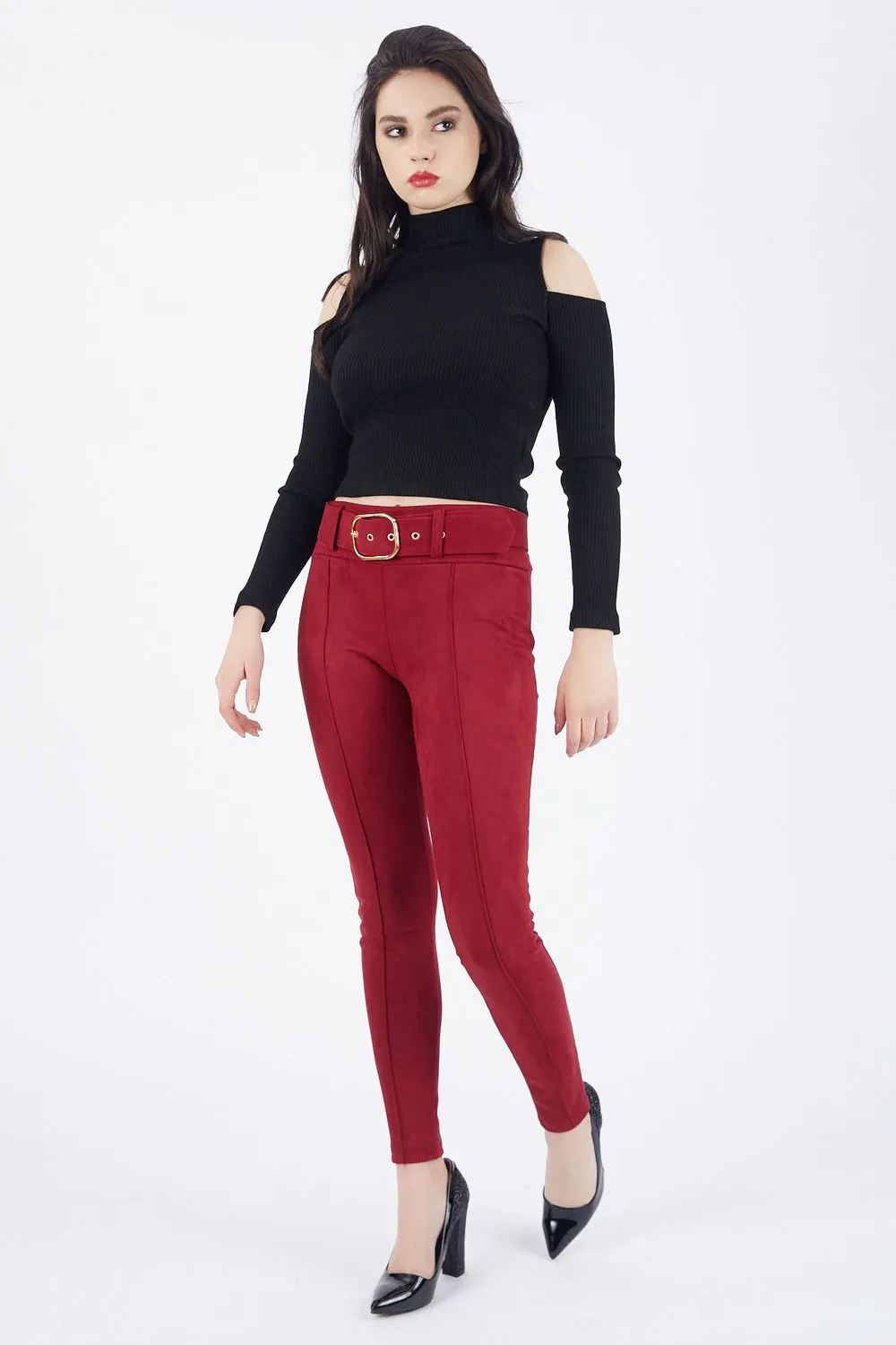 SNS Burgundy Slim Fit Suede Pants - Noordwijk