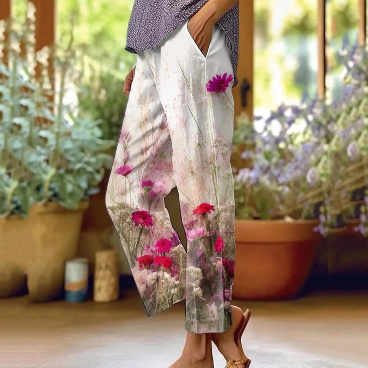 Summer Pants for Women 2024 Trendy Floral Print Elastic Waist Pants Straight Leg Baggy Comfy Trousers with Pocket