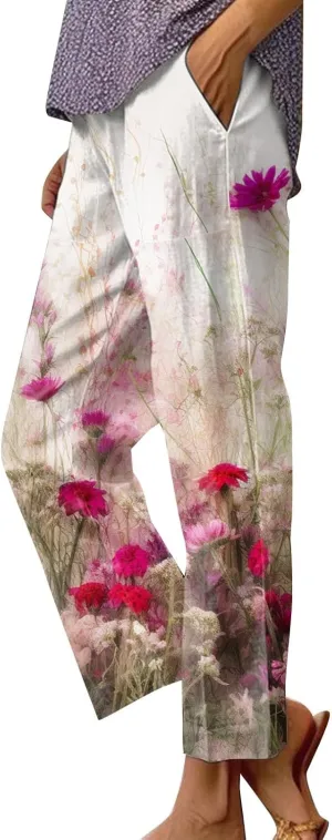 Summer Pants for Women 2024 Trendy Floral Print Elastic Waist Pants Straight Leg Baggy Comfy Trousers with Pocket