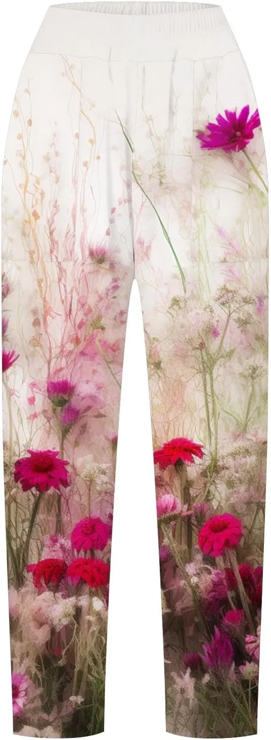 Summer Pants for Women 2024 Trendy Floral Print Elastic Waist Pants Straight Leg Baggy Comfy Trousers with Pocket