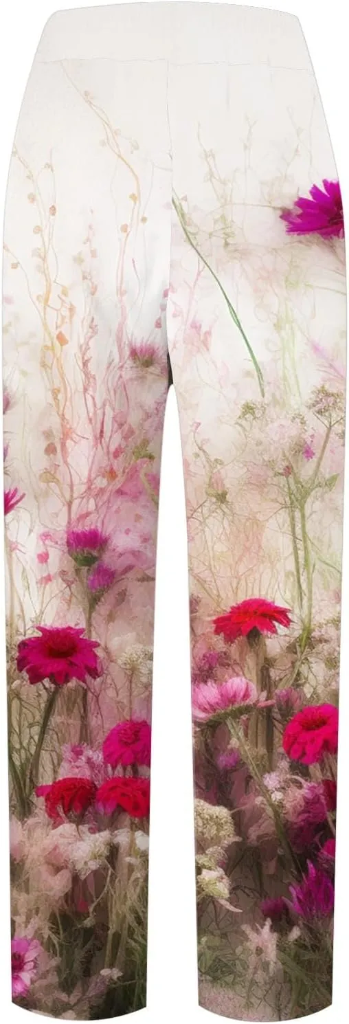 Summer Pants for Women 2024 Trendy Floral Print Elastic Waist Pants Straight Leg Baggy Comfy Trousers with Pocket