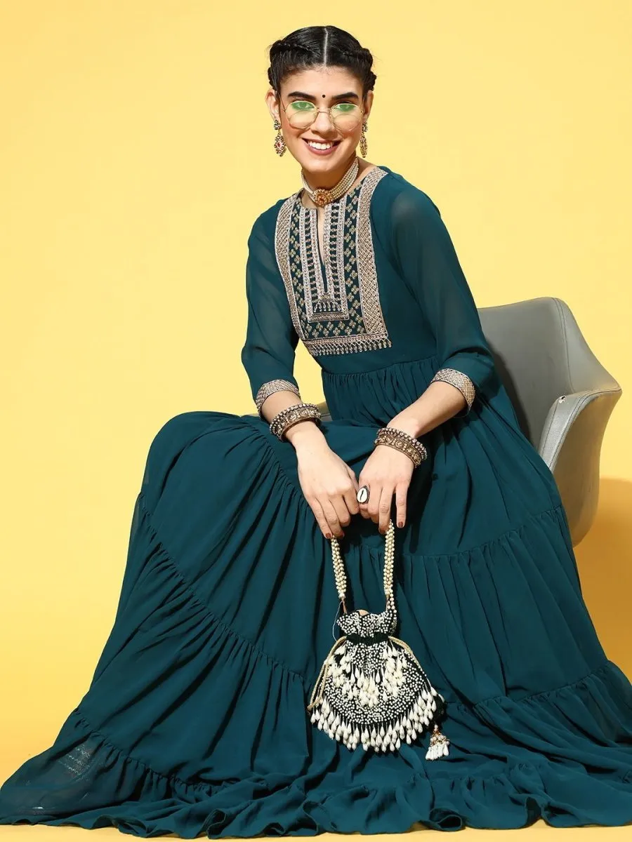 Teal Nylon Partywear Self Design Dresses