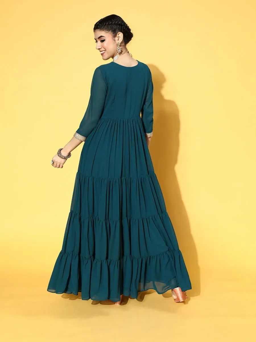 Teal Nylon Partywear Self Design Dresses