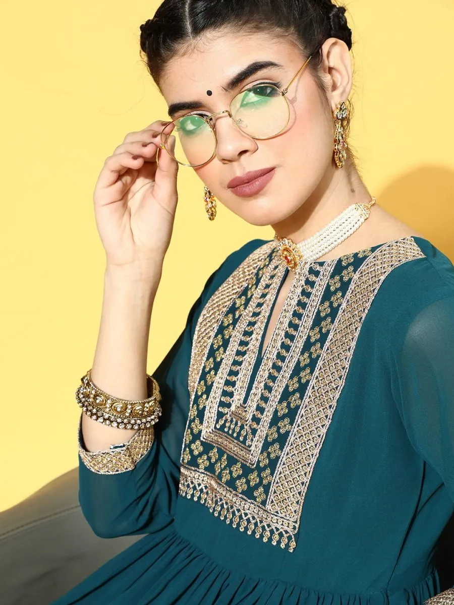 Teal Nylon Partywear Self Design Dresses