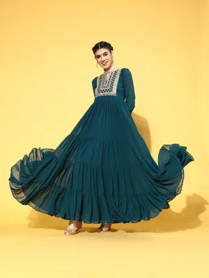 Teal Nylon Partywear Self Design Dresses