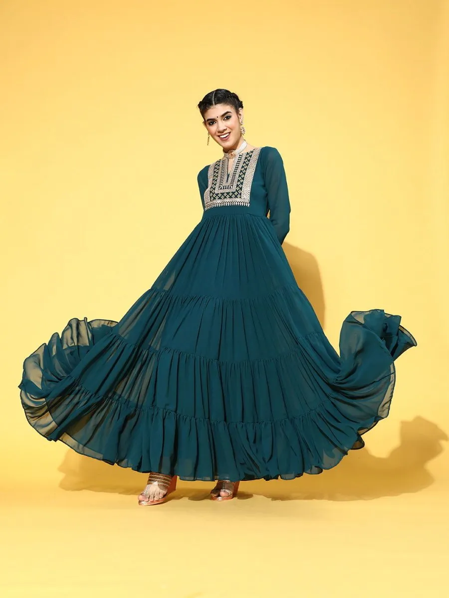 Teal Nylon Partywear Self Design Dresses