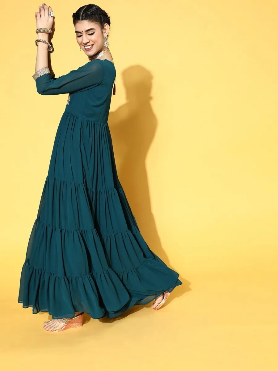 Teal Nylon Partywear Self Design Dresses