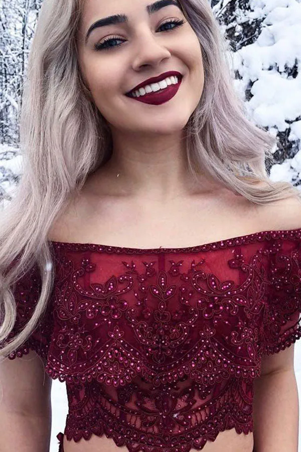 Two Piece Off-the-Shoulder Sweep Train Dark Red Prom Dress with Appliques Beading LR183