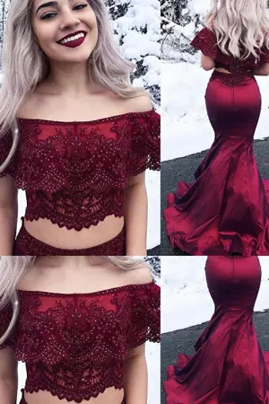Two Piece Off-the-Shoulder Sweep Train Dark Red Prom Dress with Appliques Beading LR183
