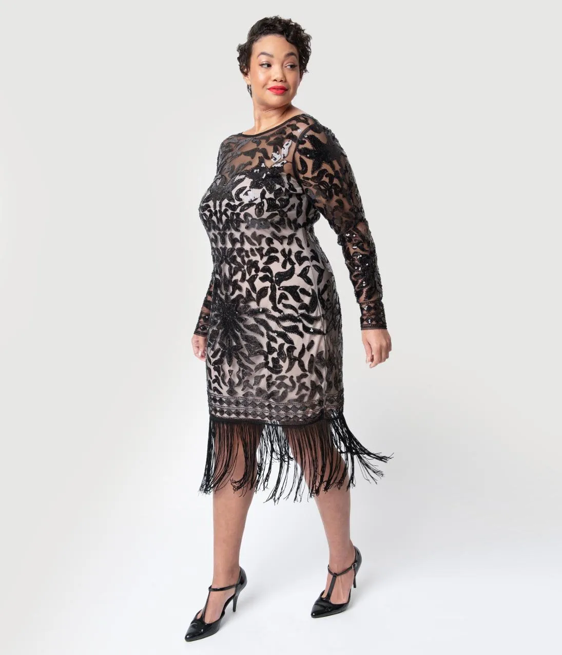 Unique Vintage Plus Size 1920s Beige & Black Sequin Long Sleeve Zulma Cocktail Dress