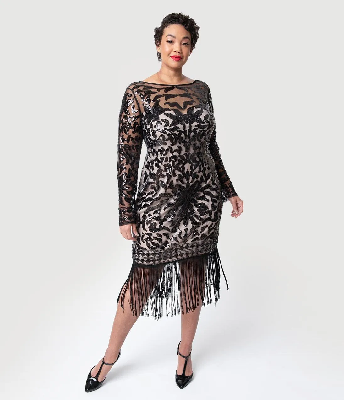 Unique Vintage Plus Size 1920s Beige & Black Sequin Long Sleeve Zulma Cocktail Dress