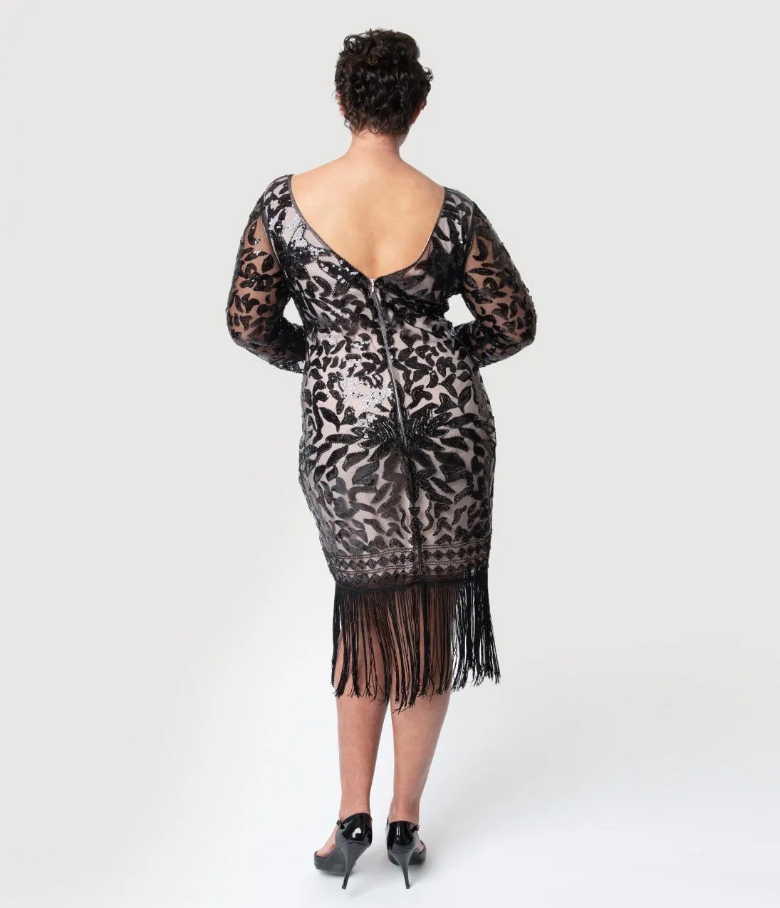 Unique Vintage Plus Size 1920s Beige & Black Sequin Long Sleeve Zulma Cocktail Dress