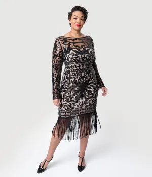 Unique Vintage Plus Size 1920s Beige & Black Sequin Long Sleeve Zulma Cocktail Dress
