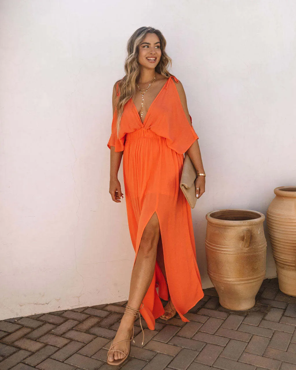 V-neck Waisted Solid Color Swing Dress