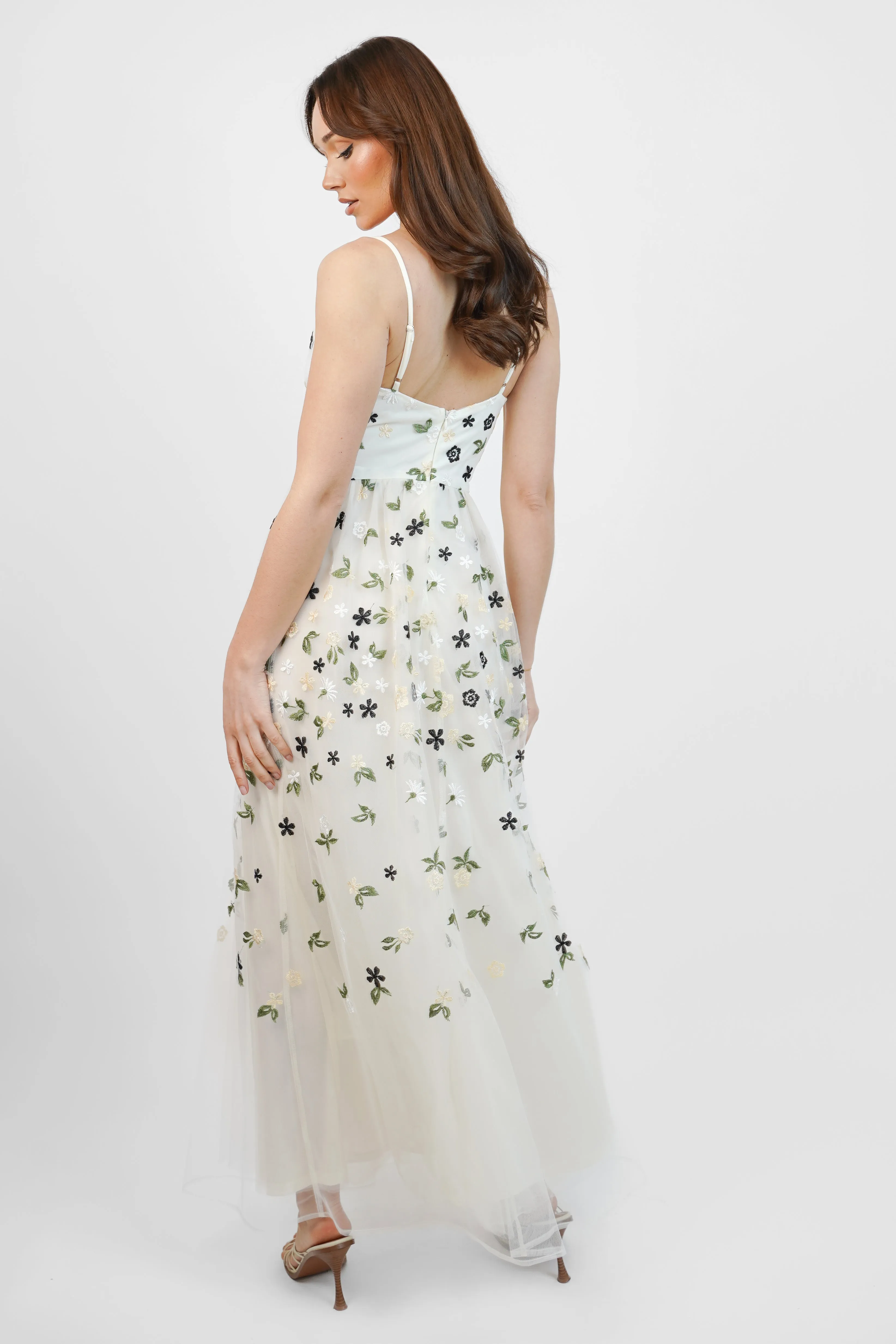 White Floral Embroidery Mesh Maxi Dress