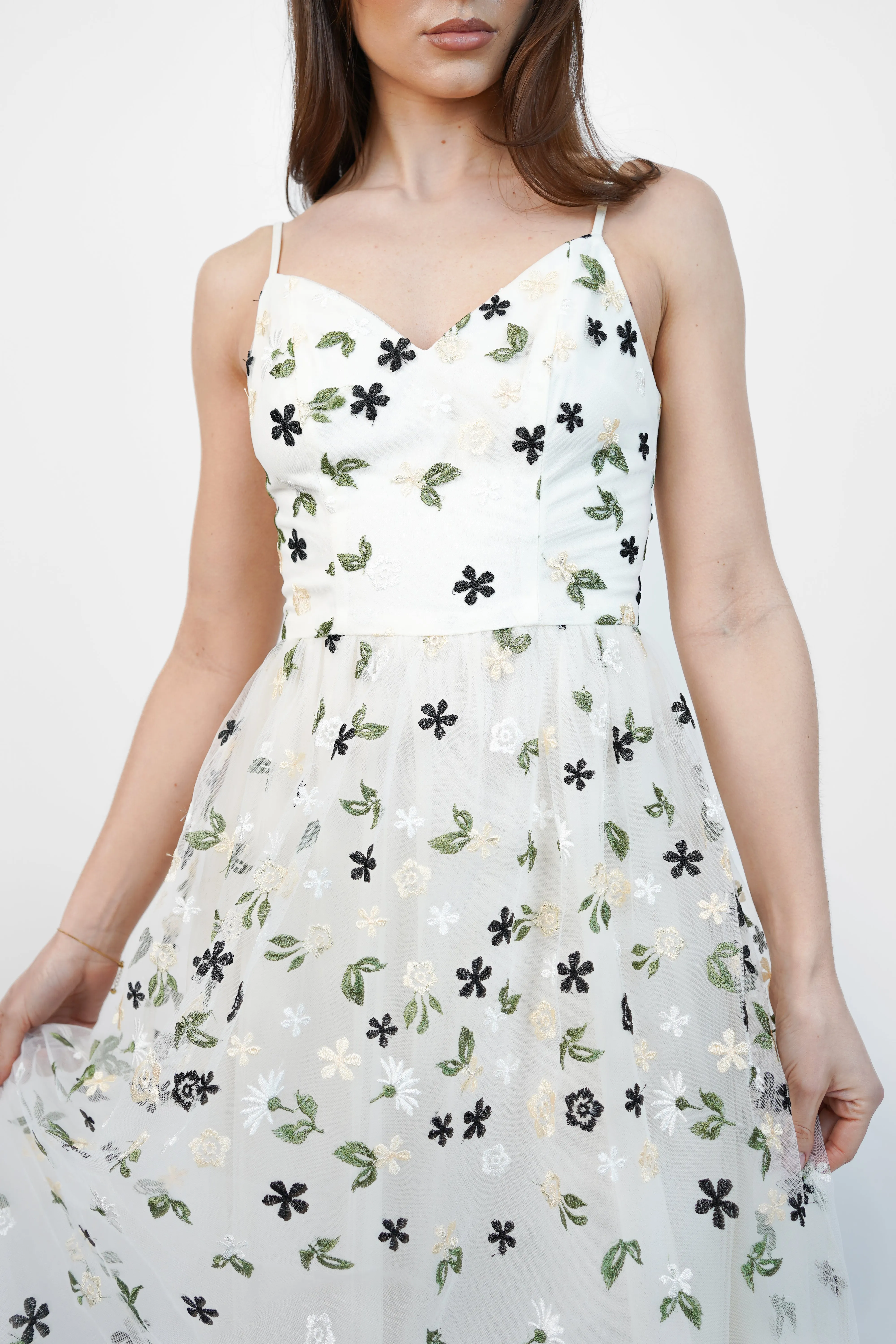 White Floral Embroidery Mesh Maxi Dress