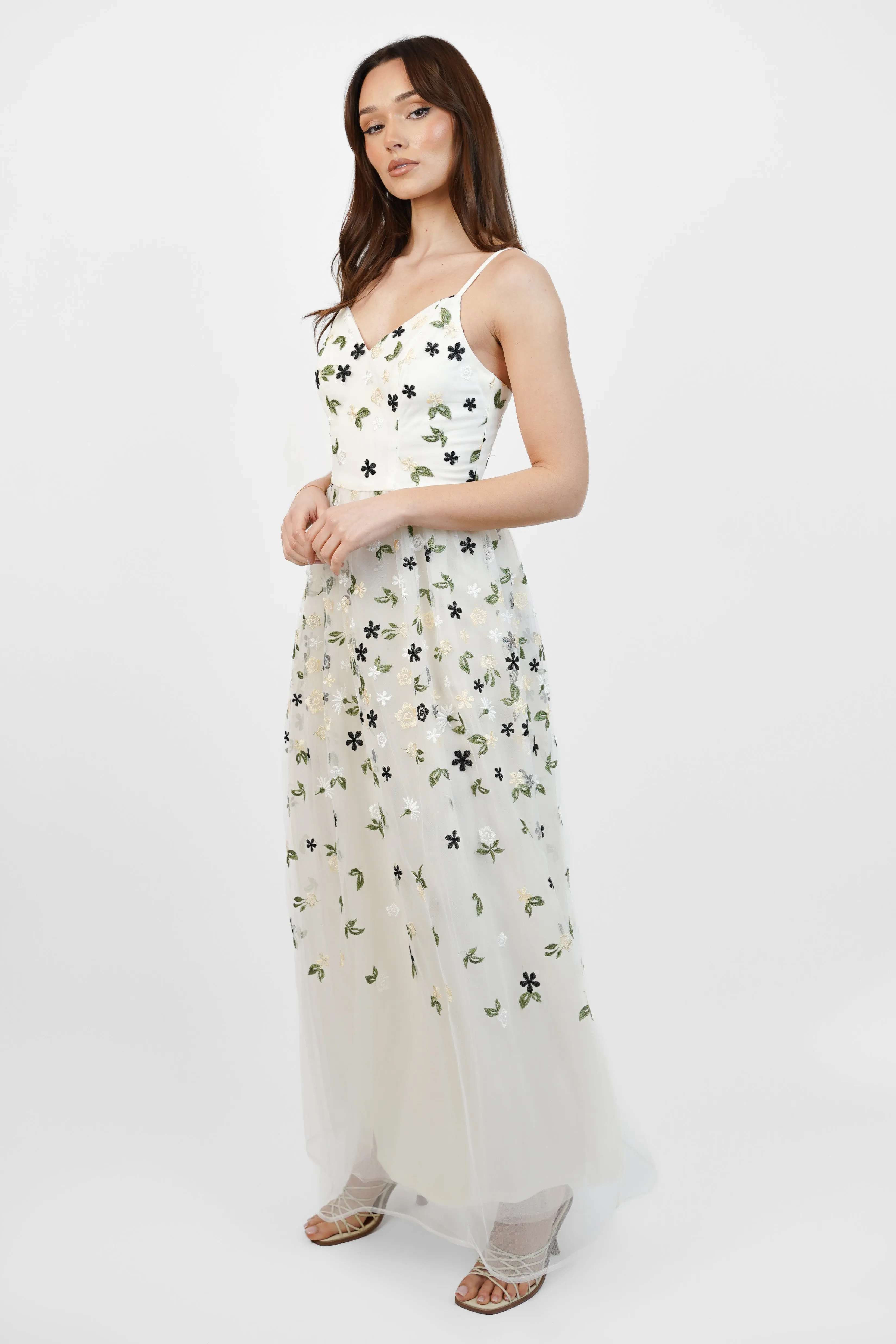 White Floral Embroidery Mesh Maxi Dress