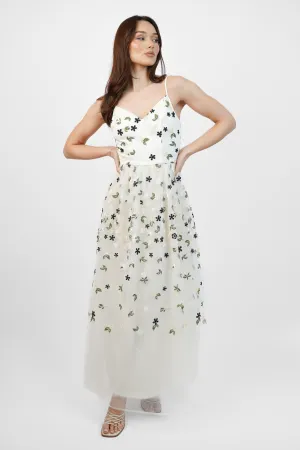 White Floral Embroidery Mesh Maxi Dress