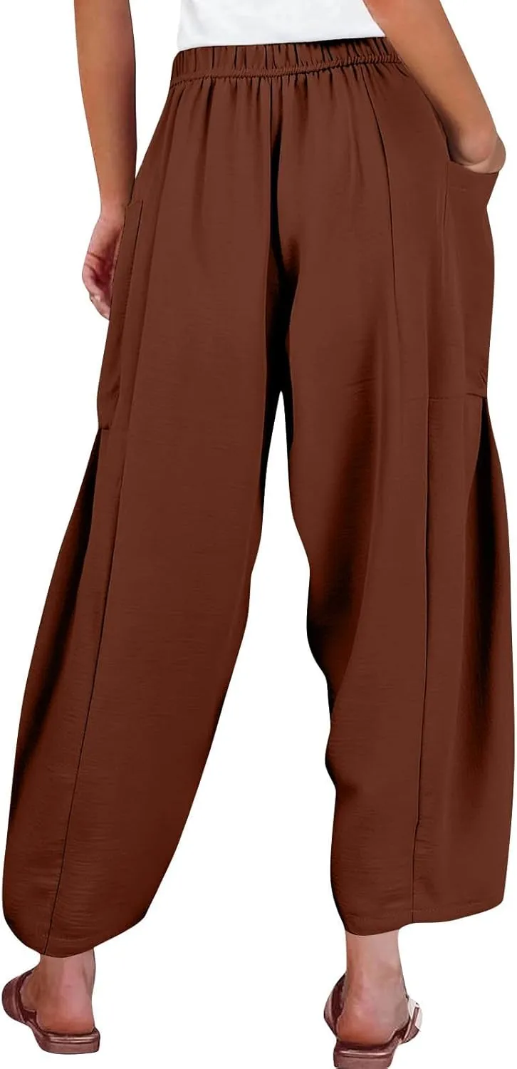 Wide Leg Pants Woman High Waisted Drawstring Casual Boho Pants Summer Baggy Trendy Palazzo Harem Trousers with Pockets