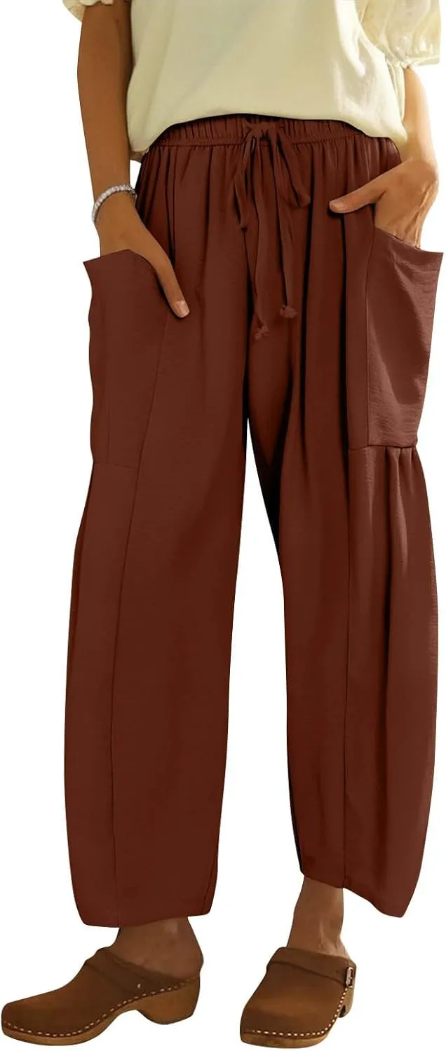 Wide Leg Pants Woman High Waisted Drawstring Casual Boho Pants Summer Baggy Trendy Palazzo Harem Trousers with Pockets