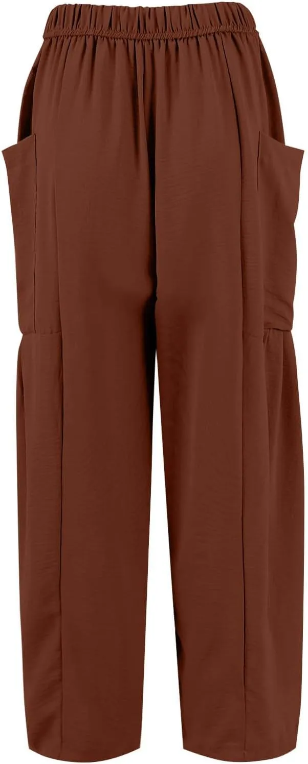 Wide Leg Pants Woman High Waisted Drawstring Casual Boho Pants Summer Baggy Trendy Palazzo Harem Trousers with Pockets