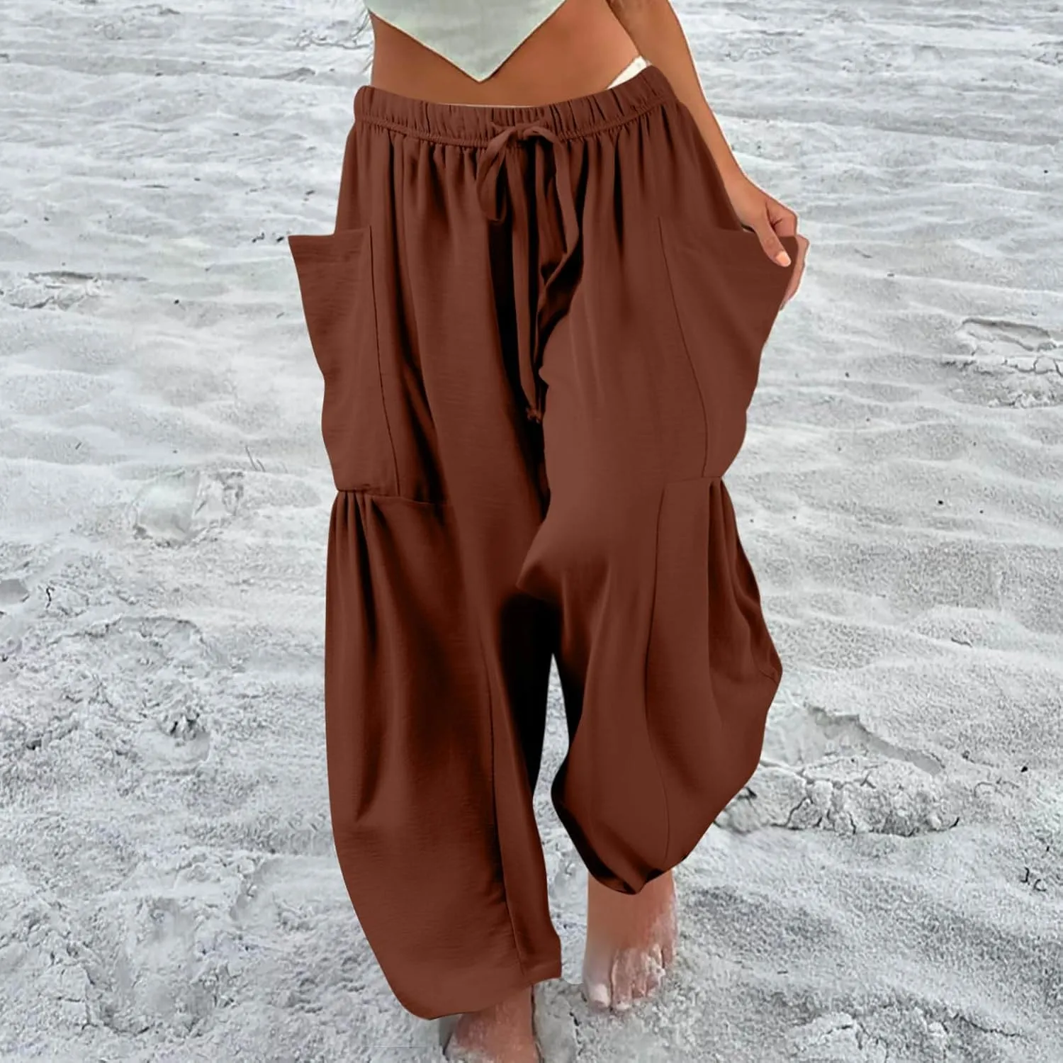 Wide Leg Pants Woman High Waisted Drawstring Casual Boho Pants Summer Baggy Trendy Palazzo Harem Trousers with Pockets