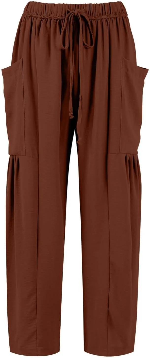 Wide Leg Pants Woman High Waisted Drawstring Casual Boho Pants Summer Baggy Trendy Palazzo Harem Trousers with Pockets