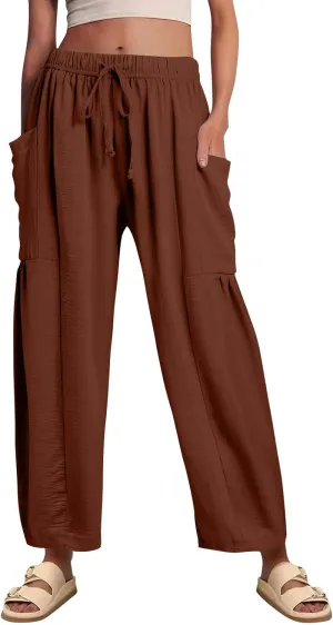 Wide Leg Pants Woman High Waisted Drawstring Casual Boho Pants Summer Baggy Trendy Palazzo Harem Trousers with Pockets
