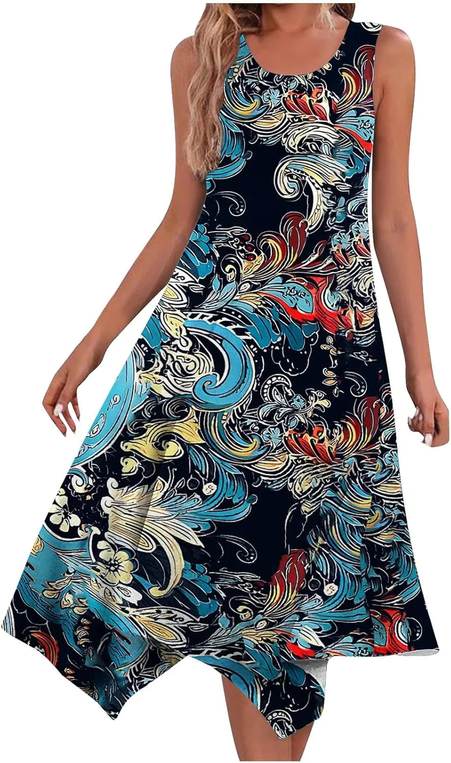 Women Flowy Dresses Casual Knee Length Plus Size Sun Dress Casual Beach Floral Vacation Dresses 2024 with Procket