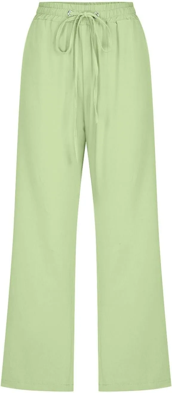 Women Linen Capri Pants Summer Boho Pants Drawstring Elastic Trousers Comfy Straight Leg Long with Pockets