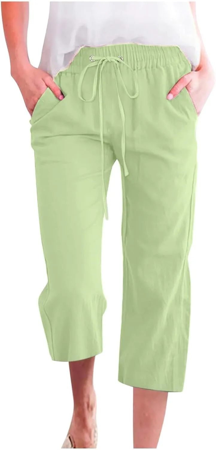 Women Linen Capri Pants Summer Boho Pants Drawstring Elastic Trousers Comfy Straight Leg Long with Pockets