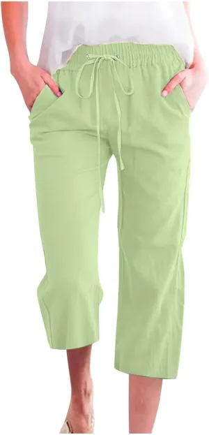 Women Linen Capri Pants Summer Boho Pants Drawstring Elastic Trousers Comfy Straight Leg Long with Pockets